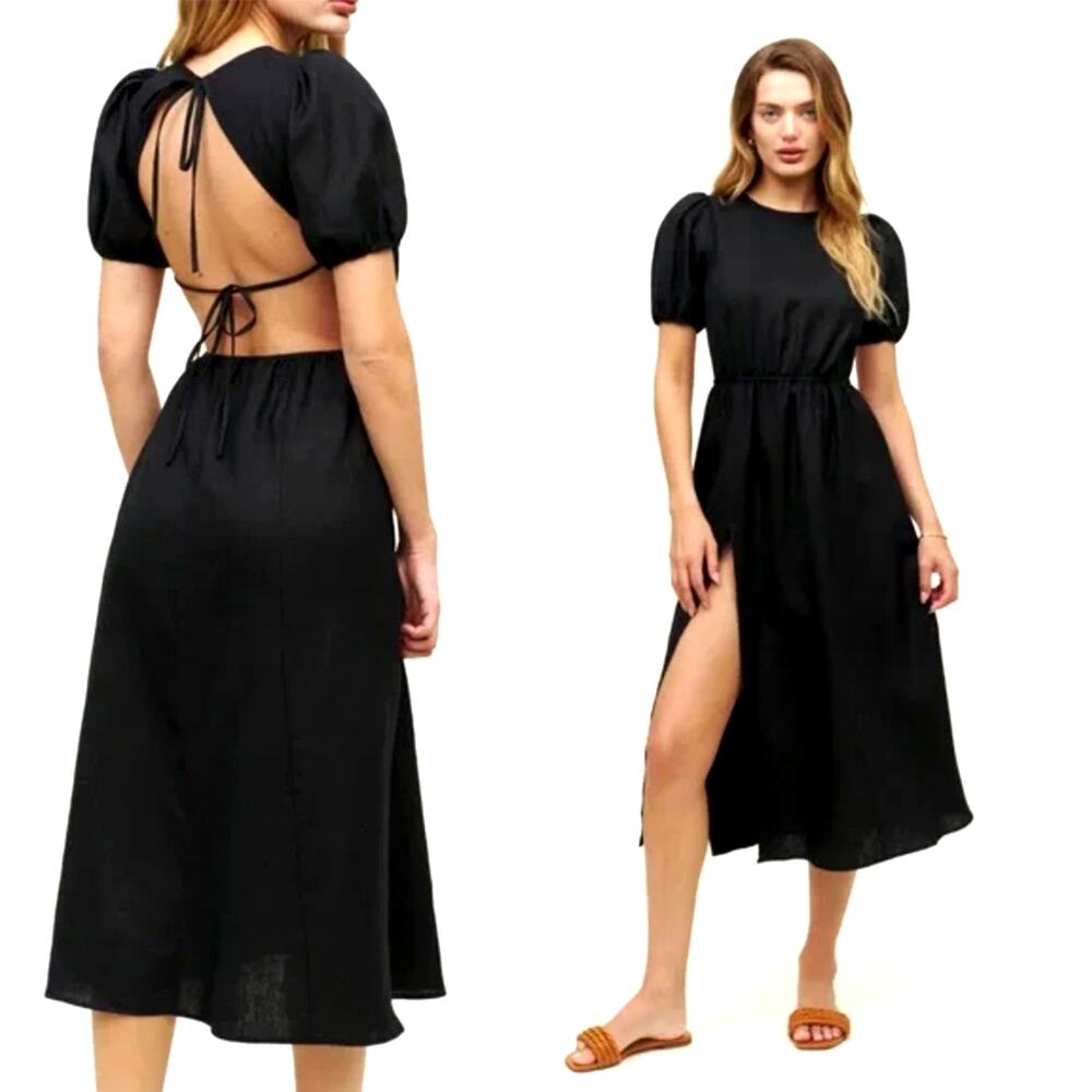Reformation 12 Linen Anneliese Midi Dress $248 Backless Puff Sleeve Fit Flare